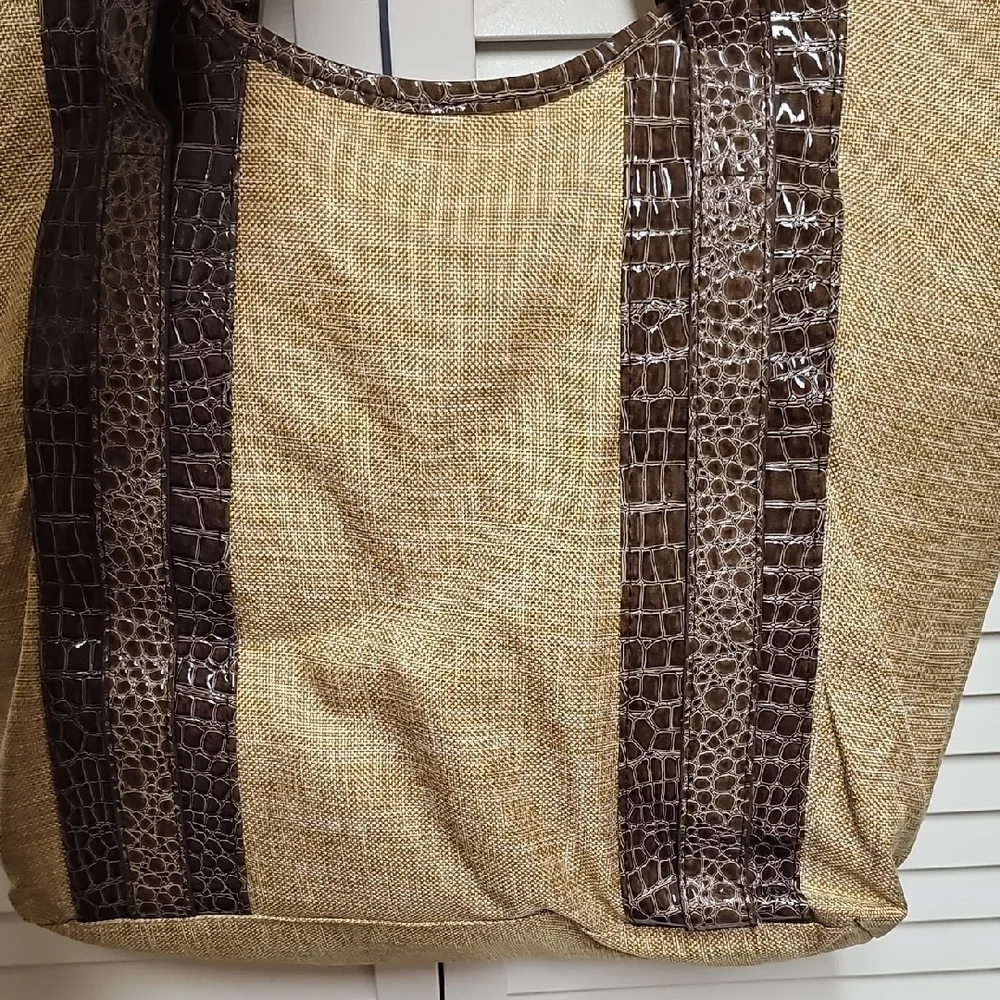 Vintage Estee Lauder Beige Canvas Tote with Brown Croc-Embossed Trim